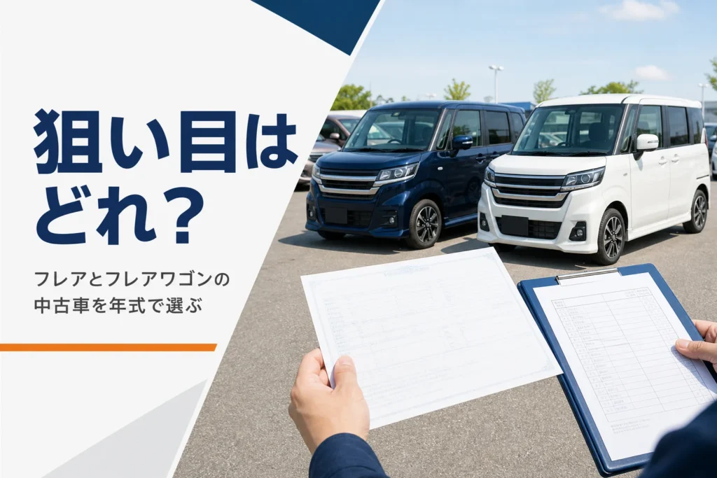中古車展示場で車検証と点検記録簿を確かめる手元を写したフレアの中古車記事のアイキャッチ