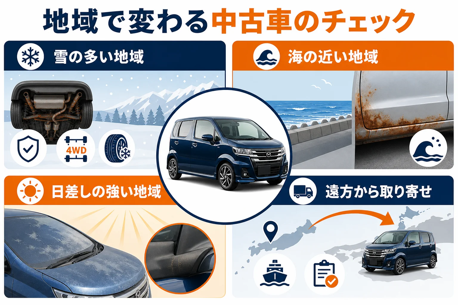 北海道や沖縄などで中古のフレアを探す時に、地域ごとに確かめたい点を示した図解