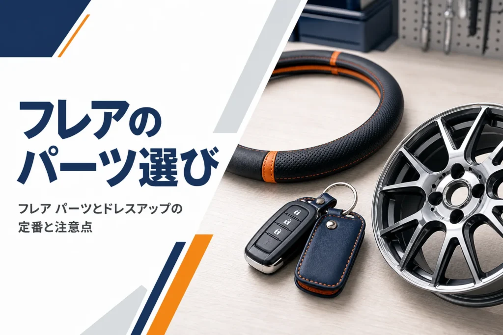 スマートキーやハンドルカバーなど車のカスタムパーツが並ぶ作業台