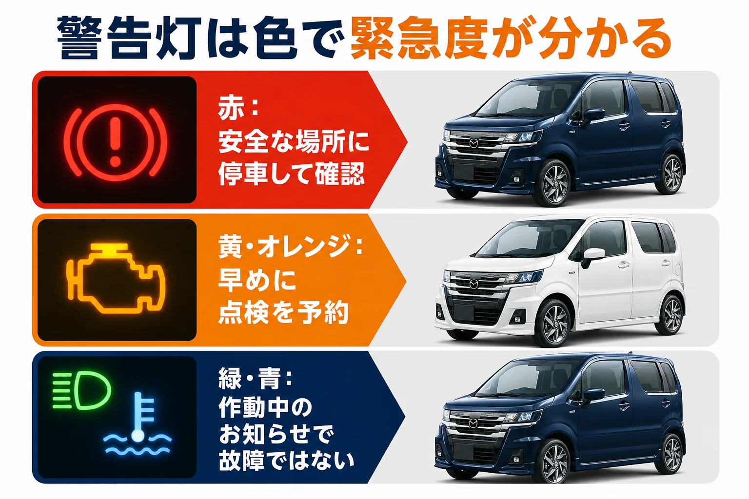 フレアの警告灯を赤・黄・緑の色別に分けた図解