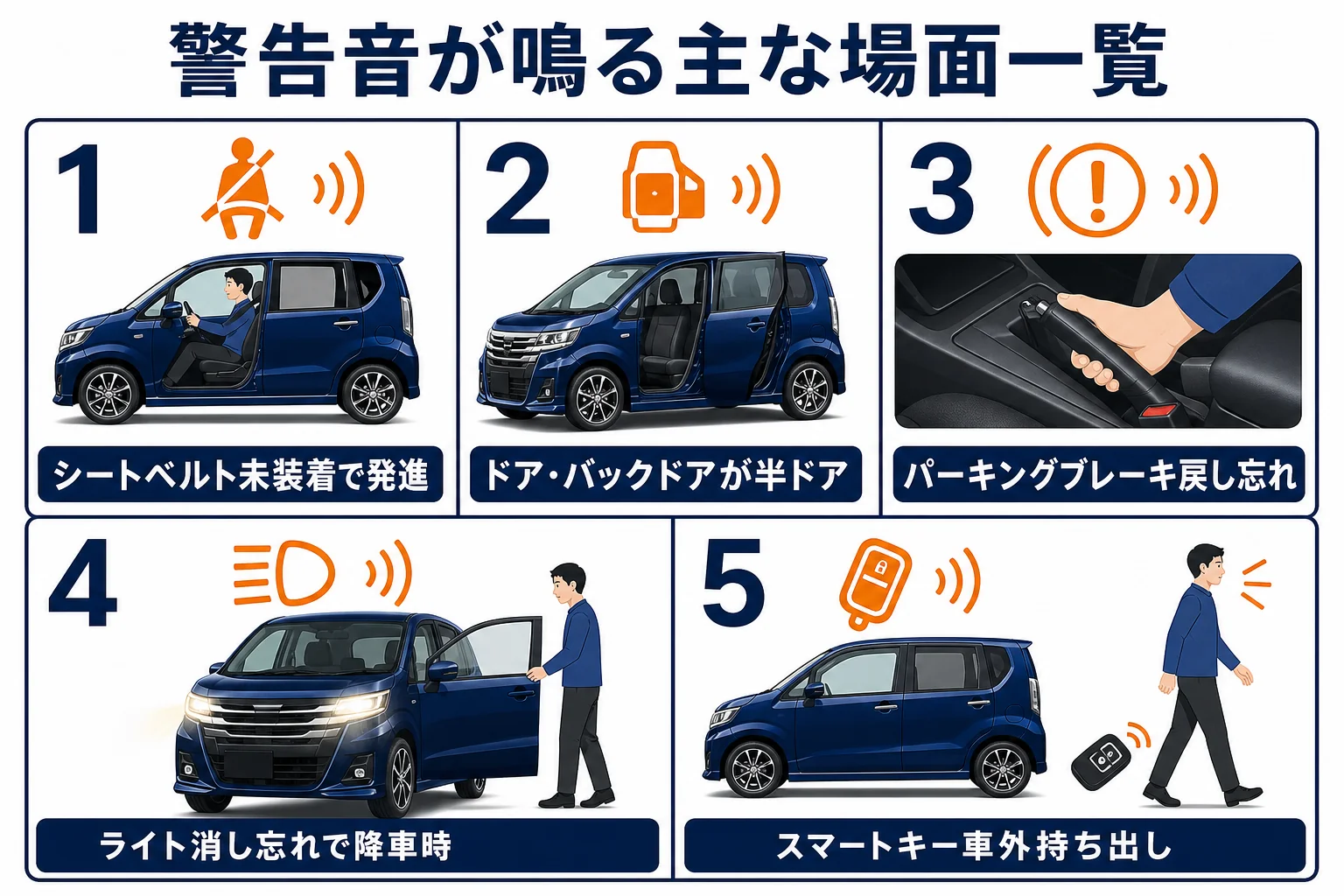 警告音が鳴る主な場面を一覧で示した図解