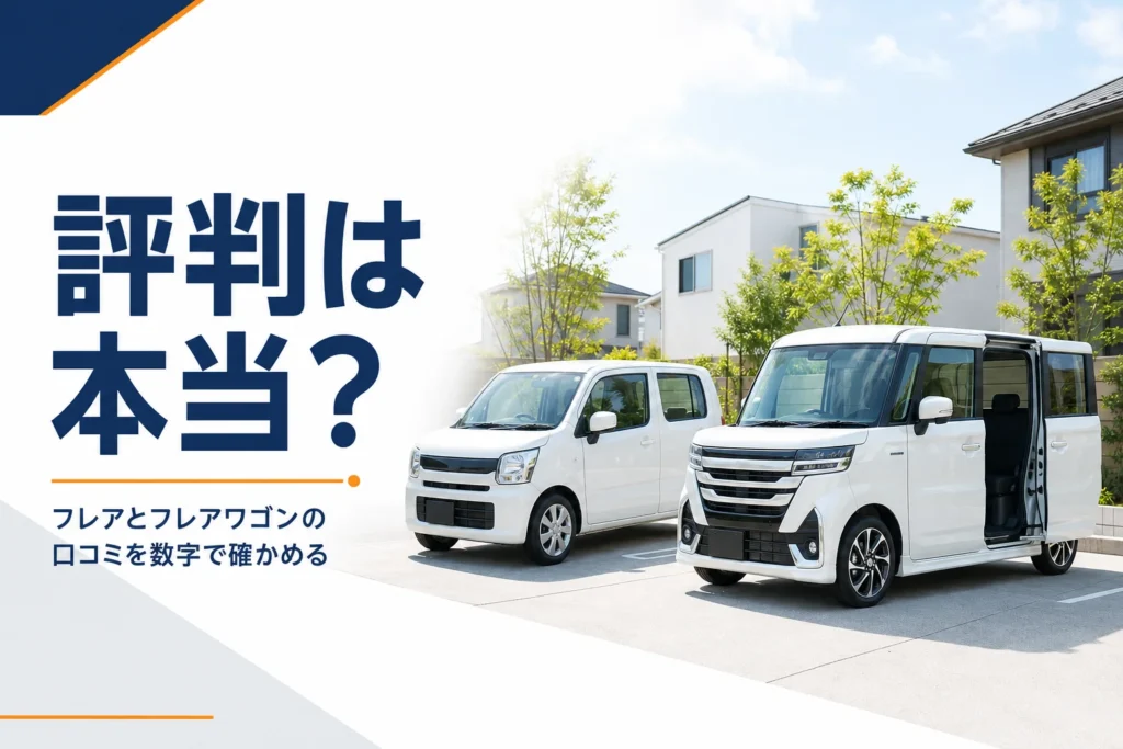 住宅街に並ぶ2台の軽自動車を写したフレアとフレアワゴンの口コミ記事のアイキャッチ