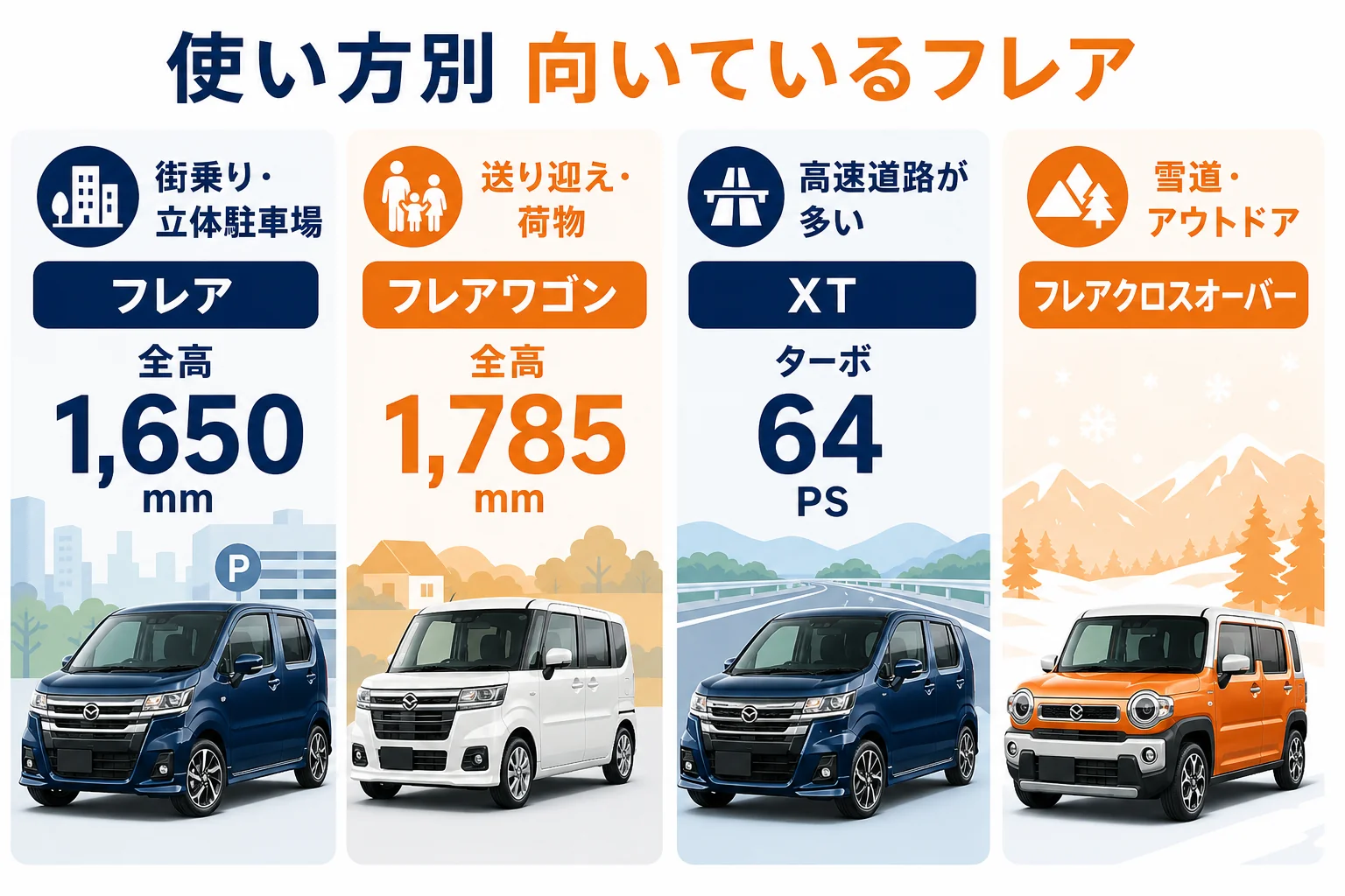 使い方ごとに向いているフレアの車種を示した図解