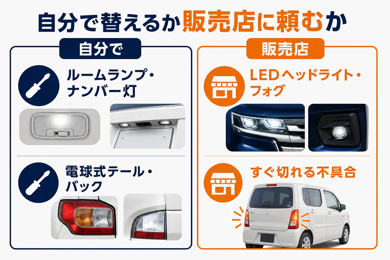 自分で替えやすいランプと販売店に任せたいランプの図解