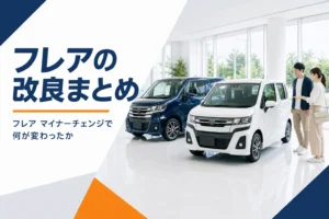 改良後のフレア系の軽自動車が並ぶショールームのイメージ