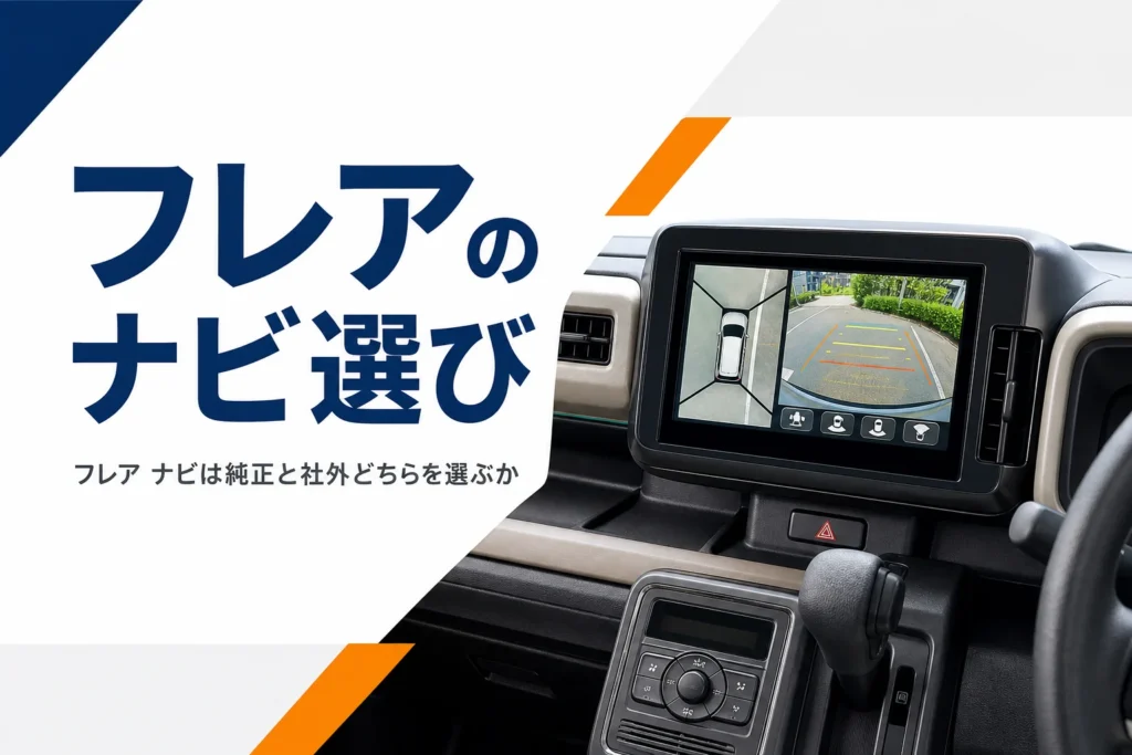 軽自動車のダッシュボードに付いたナビと全方位モニター映像のイメージ