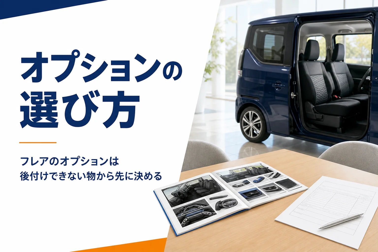 フレアのアクセサリーカタログと見積書が置かれた商談テーブル