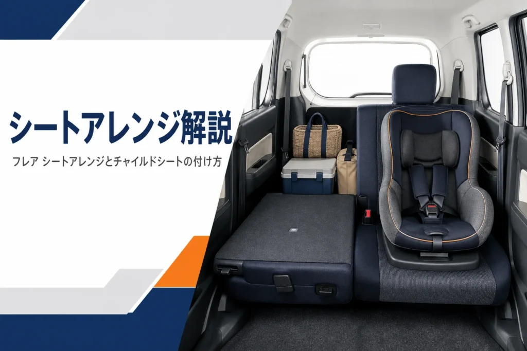 後部座席を片側倒してチャイルドシートを付けた軽自動車の室内イメージ