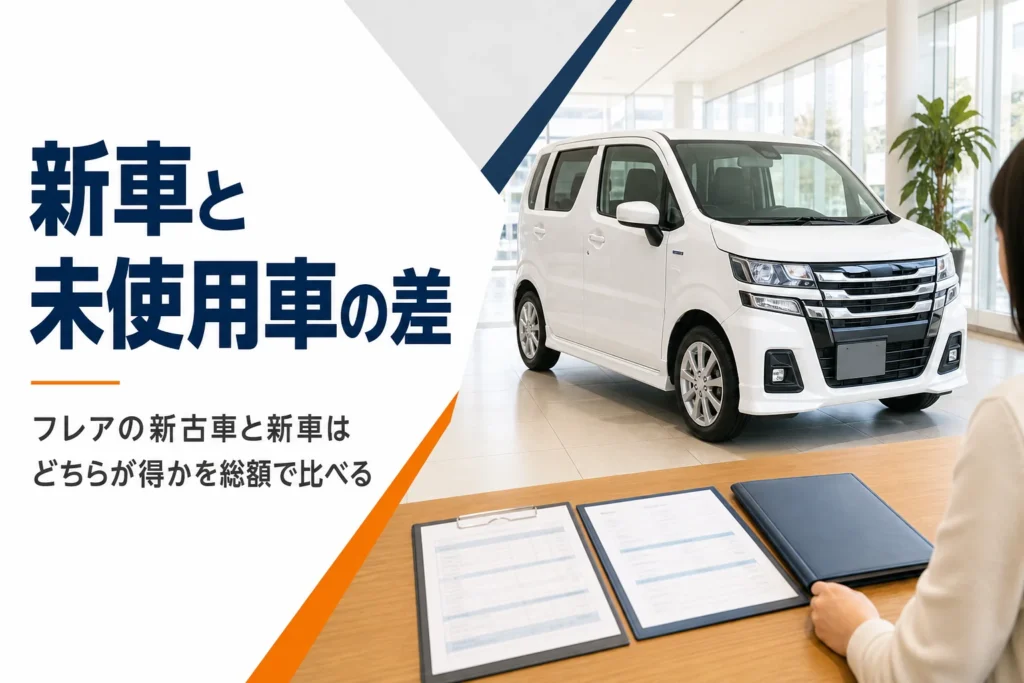 フレアの新車と未使用車の見積書を比べるテーブル