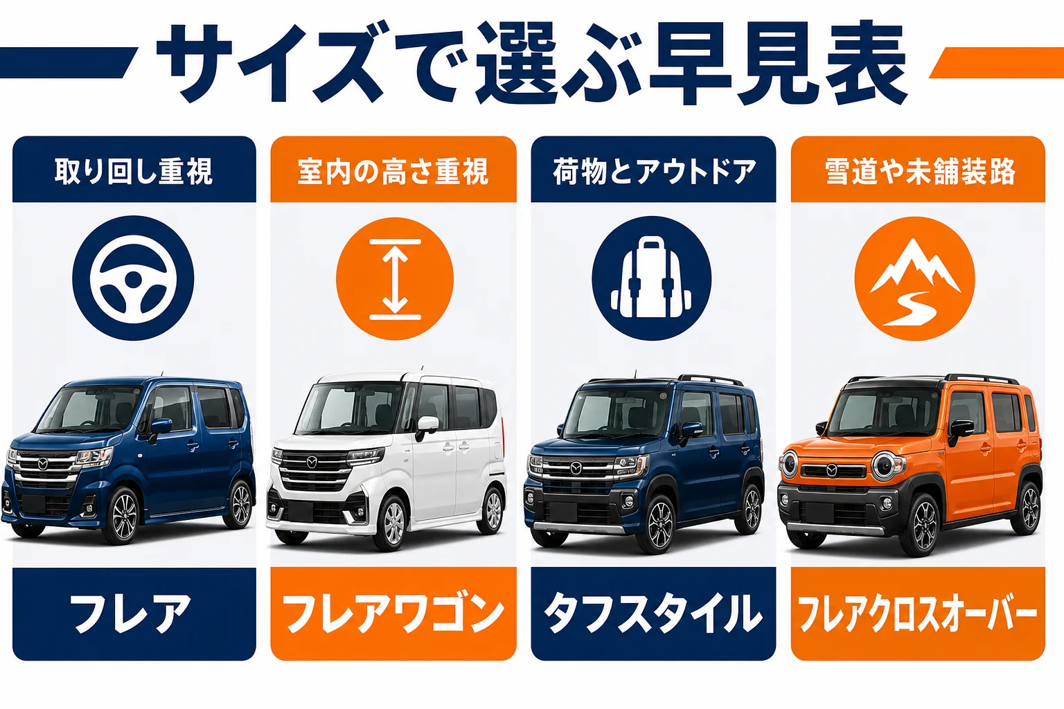 使い方別に合うフレア系車種のサイズ早見図