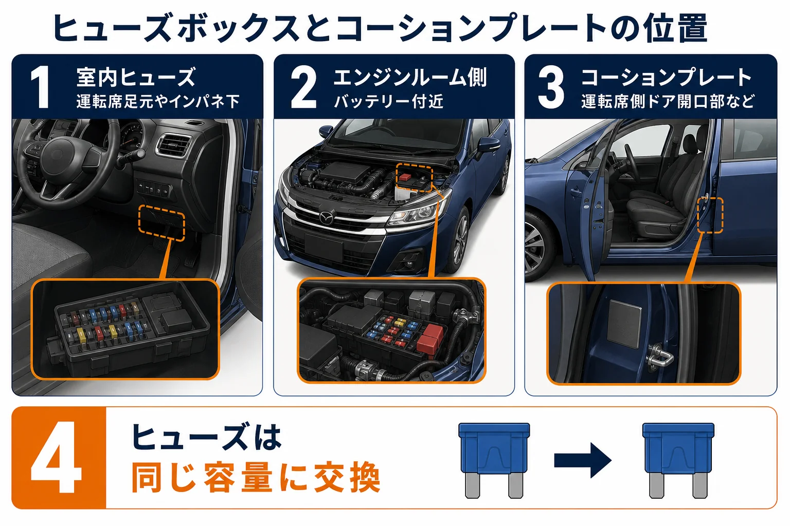 ヒューズボックスとコーションプレートのよくある位置の図解